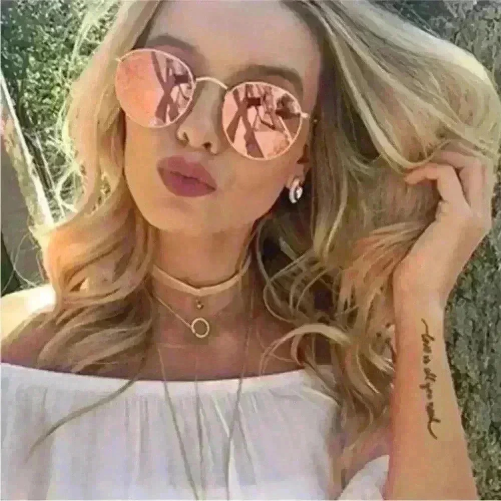 Rose Pink Round Lens Gold Frame Sunglasses with microfiber cleaning pouch